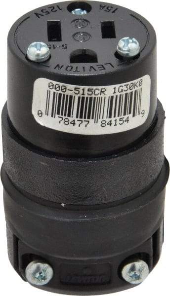 Leviton - 125 VAC, 15 Amp, 5-15R NEMA, Straight, Self Grounding, Residential Grade Connector - 2 Pole, 3 Wire, 1 Phase, Rubber, Black - USA Tool & Supply
