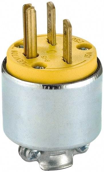 Leviton - 250 VAC, 15 Amp, 6-15P NEMA, Straight, Self Grounding, Residential Grade Plug - 2 Pole, 3 Wire, 3 Phase, PVC, Steel, Yellow - USA Tool & Supply