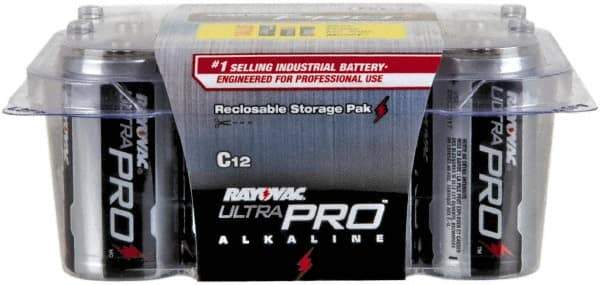 Rayovac - Size C, Alkaline, 12 Pack, Standard Battery - 1.5 Volts, Button Tab Terminal - USA Tool & Supply