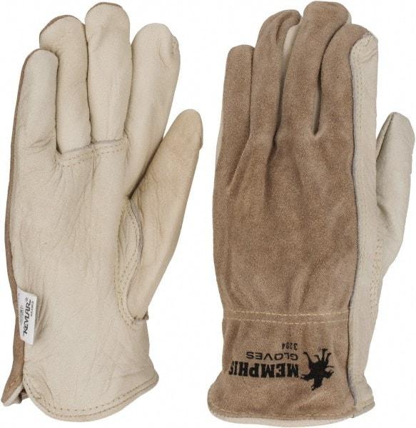 MCR Safety - Size M (8) Split Back/Grain Palm Cowhide General Protection Work Gloves - For Work & Driver, Uncoated, Full Fingered, Cream/Black/Brown, Paired - USA Tool & Supply