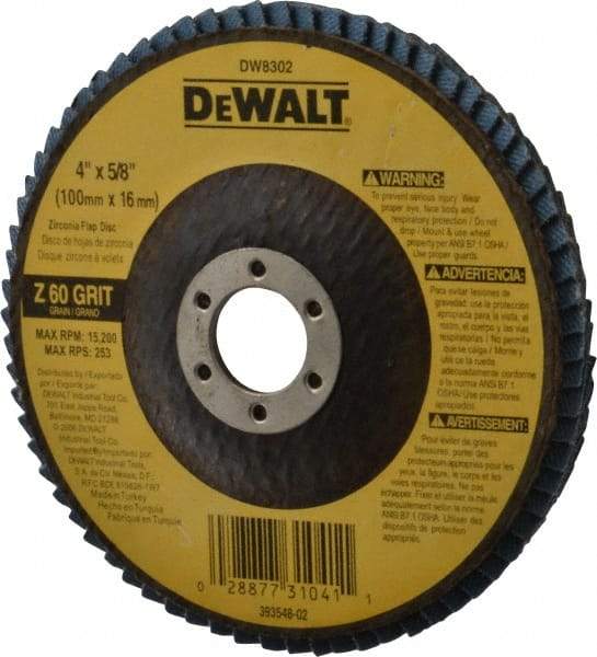 DeWALT - 60 Grit, 4" Disc Diam, 5/8" Center Hole, Type 27 Zirconia Alumina Flap Disc - 15,200 Max RPM, Fiberglass Backing, Arbor Attaching System, Coated - USA Tool & Supply