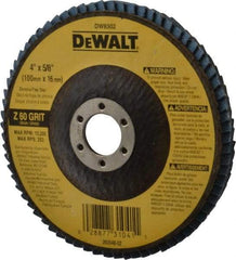 DeWALT - 60 Grit, 4" Disc Diam, 5/8" Center Hole, Type 27 Zirconia Alumina Flap Disc - 15,200 Max RPM, Fiberglass Backing, Arbor Attaching System, Coated - USA Tool & Supply