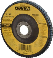 DeWALT - 80 Grit, 4" Disc Diam, 5/8" Center Hole, Type 27 Zirconia Alumina Flap Disc - 15,200 Max RPM, Fiberglass Backing, Arbor Attaching System, Coated - USA Tool & Supply