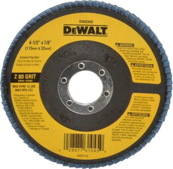 DeWALT - 80 Grit, 4-1/2" Disc Diam, 7/8" Center Hole, Type 29 Zirconia Alumina Flap Disc - 13,300 Max RPM, Fiberglass Backing, Arbor Attaching System, Coated - USA Tool & Supply