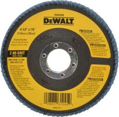DeWALT - 80 Grit, 4-1/2" Disc Diam, 7/8" Center Hole, Type 29 Zirconia Alumina Flap Disc - 13,300 Max RPM, Fiberglass Backing, Arbor Attaching System, Coated - USA Tool & Supply