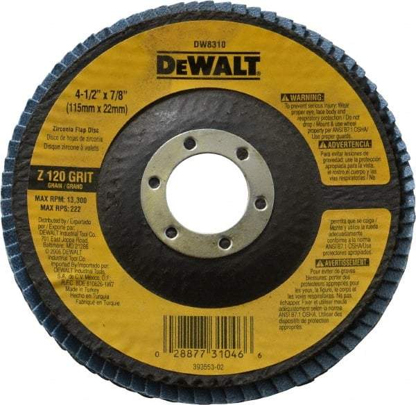 DeWALT - 120 Grit, 4-1/2" Disc Diam, 7/8" Center Hole, Type 29 Zirconia Alumina Flap Disc - 13,300 Max RPM, Fiberglass Backing, Arbor Attaching System, Coated - USA Tool & Supply