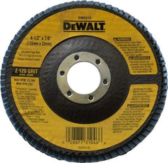 DeWALT - 120 Grit, 4-1/2" Disc Diam, 7/8" Center Hole, Type 29 Zirconia Alumina Flap Disc - 13,300 Max RPM, Fiberglass Backing, Arbor Attaching System, Coated - USA Tool & Supply