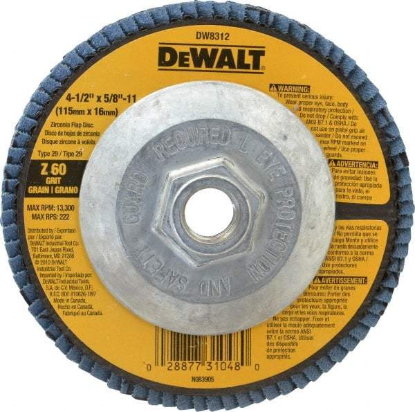 DeWALT - 60 Grit, 4-1/2" Disc Diam, 5/8-11 Center Hole, Type 29 Zirconia Alumina Flap Disc - 13,300 Max RPM, Fiberglass Backing, Arbor Attaching System, Coated - USA Tool & Supply