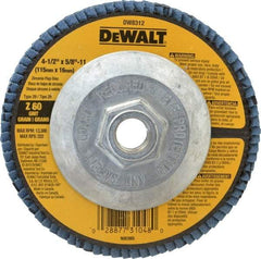 DeWALT - 60 Grit, 4-1/2" Disc Diam, 5/8-11 Center Hole, Type 29 Zirconia Alumina Flap Disc - 13,300 Max RPM, Fiberglass Backing, Arbor Attaching System, Coated - USA Tool & Supply