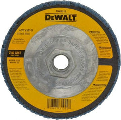 DeWALT - 80 Grit, 4-1/2" Disc Diam, 5/8-11 Center Hole, Type 29 Zirconia Alumina Flap Disc - 13,300 Max RPM, Fiberglass Backing, Arbor Attaching System, Coated - USA Tool & Supply
