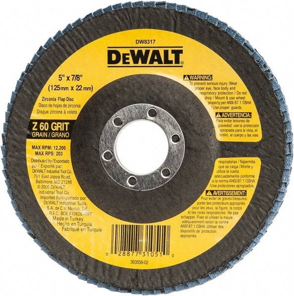 DeWALT - 60 Grit, 5" Disc Diam, 7/8" Center Hole, Type 29 Zirconia Alumina Flap Disc - 12,200 Max RPM, Fiberglass Backing, Arbor Attaching System, Coated - USA Tool & Supply