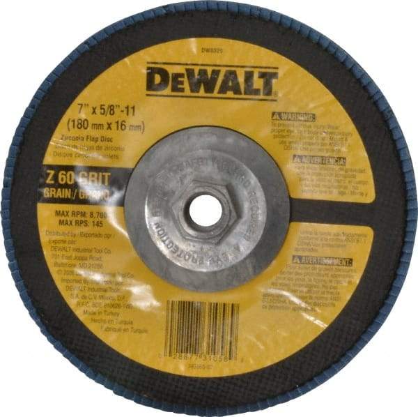 DeWALT - 60 Grit, 7" Disc Diam, 5/8-11 Center Hole, Type 29 Zirconia Alumina Flap Disc - 8,700 Max RPM, Fiberglass Backing, Arbor Attaching System, Coated - USA Tool & Supply