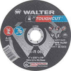 WALTER Surface Technologies - 6" 30 Grit Aluminum Oxide Cutoff Wheel - 3/32" Thick, 7/8" Arbor, 10,200 Max RPM, Use with Angle Grinders - USA Tool & Supply