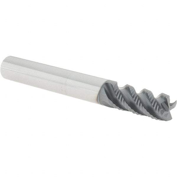 Iscar - 3/8" Diam, Coarse Pitch, 3/4" LOC, 4 Flute Solid Carbide 45° Corner Chamfer Roughing End Mill - TiAlN Finish, 3" OAL, 3/8" Shank Diam, Single End, Centercutting, 45° Helix - USA Tool & Supply