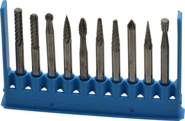 Made in USA - 10 Piece, 1/8" Shank Burr Set - Tungsten Carbide - USA Tool & Supply