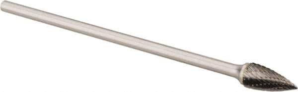 Made in USA - 1/2" Cut Diam, 1/4" Shank Diam, Tree Head Double Cut Burr - Carbide, Point End, 1" LOC, 6" OAL - USA Tool & Supply
