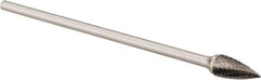 Made in USA - 1/2" Cut Diam, 1/4" Shank Diam, Tree Head Double Cut Burr - Carbide, Point End, 1" LOC, 6" OAL - USA Tool & Supply