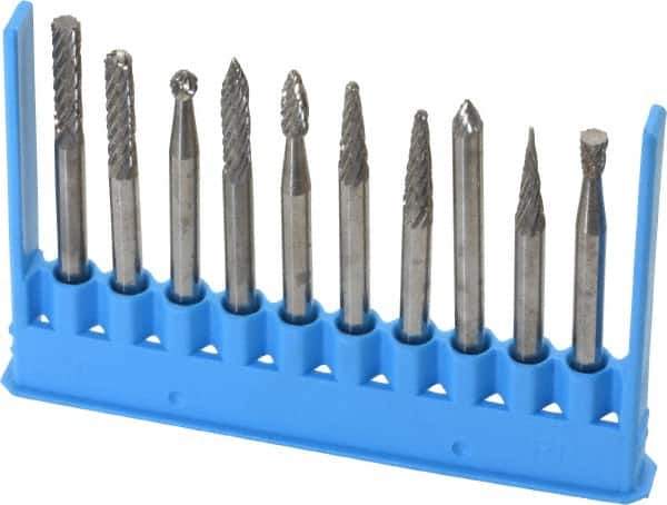 Made in USA - 10 Piece, 1/8" Shank Burr Set - Tungsten Carbide - USA Tool & Supply