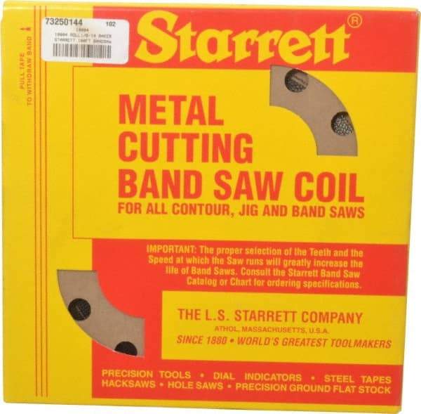 Starrett - 1/8" x 100' x 0.025" Carbon Steel Band Saw Blade Coil Stock - 14 TPI, Toothed Edge, Straight Form, Raker Set, Flexible Back, No Rake Angle, Constant Pitch, Contour Cutting - USA Tool & Supply