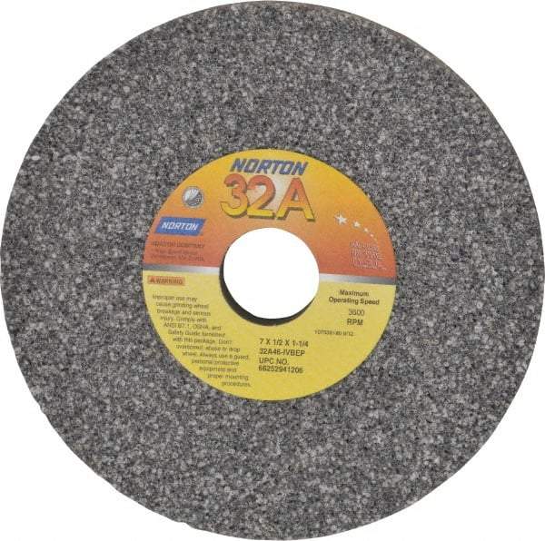 Norton - 7" Diam x 1-1/4" Hole x 1/2" Thick, I Hardness, 46 Grit Surface Grinding Wheel - Aluminum Oxide, Type 1, Coarse Grade, 3,600 Max RPM, Vitrified Bond, No Recess - USA Tool & Supply