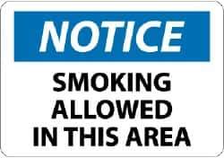 NMC - "Notice - Smoking Allowed in This Area", 10" Long x 14" Wide, Rigid Plastic Safety Sign - Rectangle, 0.05" Thick, Use for Security & Admittance - USA Tool & Supply