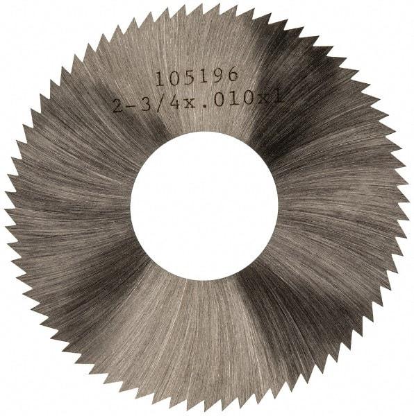 Made in USA - 2-3/4" Diam x 0.01" Blade Thickness x 1" Arbor Hole Diam, 72 Tooth Slitting and Slotting Saw - Arbor Connection, Right Hand, Uncoated, High Speed Steel, Concave Ground, Contains Keyway - USA Tool & Supply