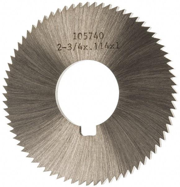 Made in USA - 2-3/4" Diam x 0.114" Blade Thickness x 1" Arbor Hole Diam, 72 Tooth Slitting and Slotting Saw - Arbor Connection, Right Hand, Uncoated, High Speed Steel, Concave Ground, Contains Keyway - USA Tool & Supply