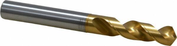 OSG - 9.75106mm 120° Spiral Flute Vanadium High Speed Steel Screw Machine Drill Bit - TiN Finish, Right Hand Cut, 43mm Flute Length, 93mm OAL, Faceted Point, Straight Shank - USA Tool & Supply