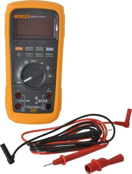 Fluke - 27-II, CAT IV, CAT III, 1,000 VAC/VDC, Digital True RMS Auto Ranging Manual Ranging Multimeter - 50 mOhm, Measures Voltage, Capacitance, Current, Frequency, Resistance - USA Tool & Supply