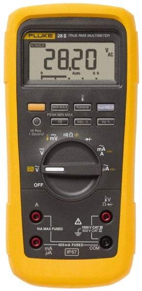 Fluke - 28-II, CAT IV, CAT III, 1,000 VAC/VDC, Digital True RMS Auto Ranging Manual Ranging Multimeter - 50 mOhm, Measures Voltage, Capacitance, Current, Frequency, Resistance, Temperature - USA Tool & Supply