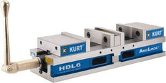 Kurt - 6" Jaw Width, 4" Jaw Opening Capacity, Horizontal Stationary Machine Vise - Manual Operation, 7,460 Lb Capacity, 1 Station, 22.45" Long x 4.853" High x 1-47/64" Deep, 44.07mm Jaw Height - USA Tool & Supply