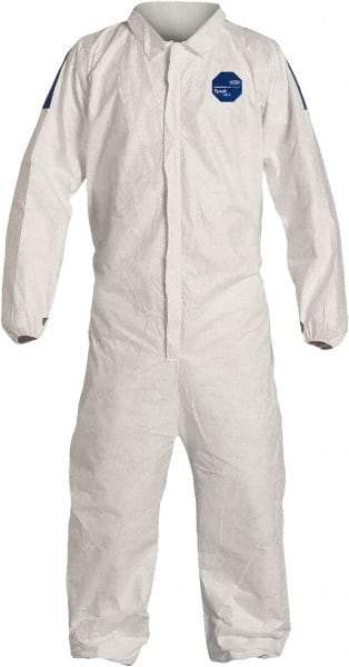 Dupont - Size M Film Laminate General Purpose Coveralls - White/Blue, Zipper Closure, Elastic Cuffs, Elastic Ankles, Serged Seams, Hazard Level D & C - USA Tool & Supply