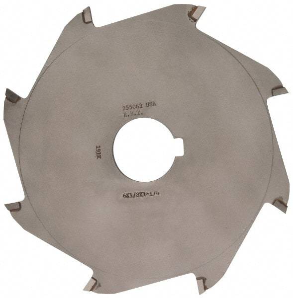 Made in USA - 6" Diam x 1/8" Blade Thickness x 1-1/4" Arbor Hole Diam, 8 Tooth Slitting and Slotting Saw - Arbor Connection, Right Hand, Uncoated, Carbide-Tipped, Contains Keyway - USA Tool & Supply