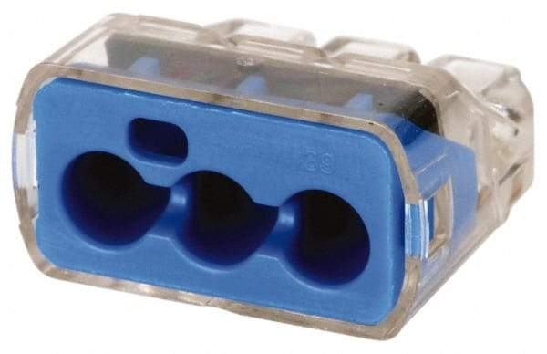 Ideal - 3 Port, 14 to 10 AWG Compatible, Push-In Wire Connector - 0.78" OAL x 0.086" OAW x 0.45" OAH, Blue - USA Tool & Supply