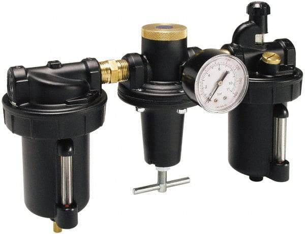 Parker - 1" NPT Port Heavy Duty 3 Piece Filter-Regulator-Lubricator FRL Unit - Metal Bowl, 240 SCFM, 250 Max psi, 13" High, Automatic Drain - USA Tool & Supply