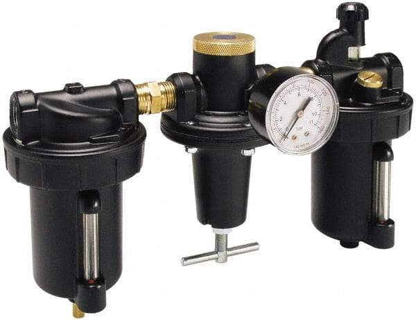 Parker - 3/4" NPT Port Heavy Duty 3 Piece Filter-Regulator-Lubricator FRL Unit - Metal Bowl, 220 SCFM, 250 Max psi, 13" High, Automatic Drain - USA Tool & Supply