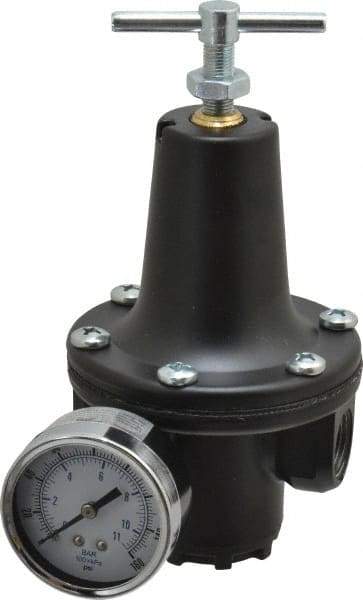 Parker - 1/2 NPT Port, 300 CFM, Zinc Heavy-Duty T-Handle Regulator - 2 to 125 psi Range, 300 Max psi Supply Pressure, 1/4" Gauge Port Thread, 3-1/2" Wide x 6-3/4" High - USA Tool & Supply