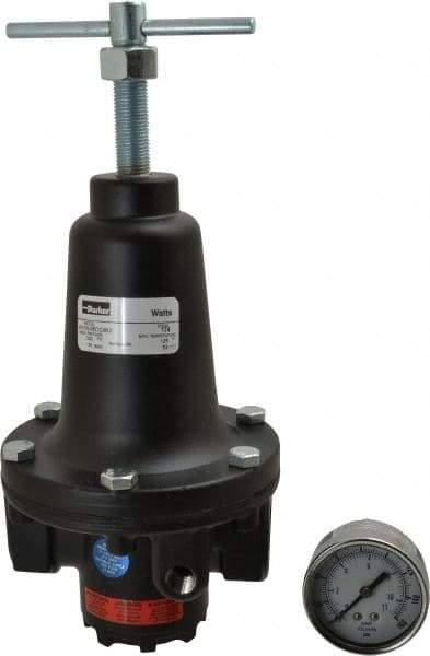 Parker - 3/4 NPT Port, 400 CFM, Zinc Heavy-Duty T-Handle Regulator - 2 to 125 psi Range, 300 Max psi Supply Pressure, 1/4" Gauge Port Thread, 4.38" Wide x 10" High - USA Tool & Supply