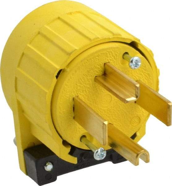 Pass & Seymour - 125/250 VAC, 30 Amp, 14-30P NEMA, Angled, Ungrounded, Specification Grade Plug - 3 Pole, 4 Wire, Yellow - USA Tool & Supply