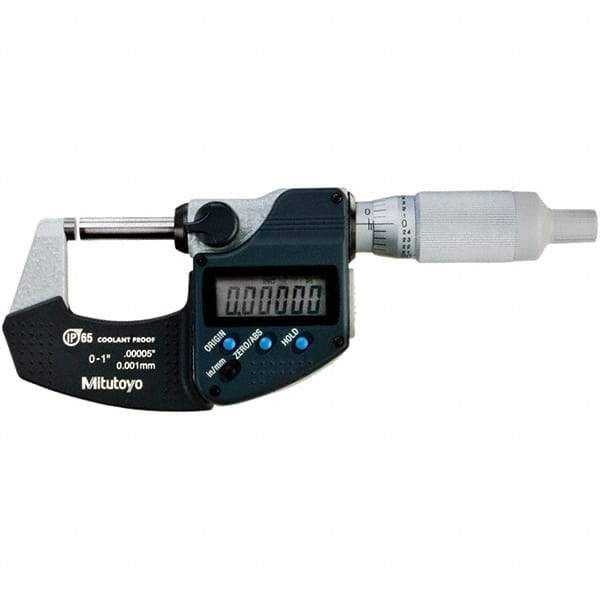 Mitutoyo - 0 to 1" Range, 0.00005" Resolution, Standard Throat IP65 Electronic Outside Micrometer - 0.00005" Accuracy, Ratchet Stop Thimble, Carbide-Tipped Face, SR44 Battery - USA Tool & Supply