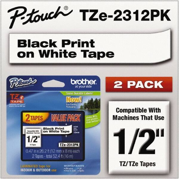 Brother - 1/2" Wide x 314.4" Long, White Plastic/Paper Tape Cassette - For Label Maker - USA Tool & Supply