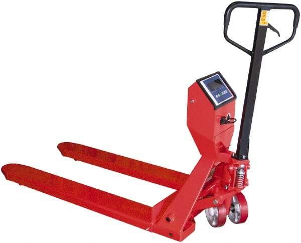 Vestil - 5,000 Lb Capacity, 7-1/2" Lift Scale Pallet Truck - 3" Min Lift Height, 48" Fork Length x 27-1/2" Fork Width, 28" Overall Width - USA Tool & Supply