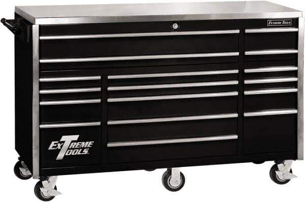 EXTREME TOOLS - 17 Drawer Steel Tool Roller Cabinet - 72" Wide x 46-3/4" High x 30" Deep, Ball Bearing Drawer Slides, Black - USA Tool & Supply