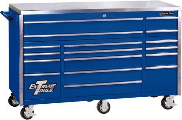 EXTREME TOOLS - 17 Drawer Steel Tool Roller Cabinet - 72" Wide x 46-3/4" High x 30" Deep, Ball Bearing Drawer Slides, Blue - USA Tool & Supply
