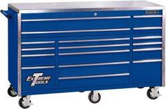 EXTREME TOOLS - 17 Drawer Steel Tool Roller Cabinet - 72" Wide x 46-3/4" High x 30" Deep, Ball Bearing Drawer Slides, Blue - USA Tool & Supply