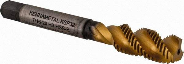 Kennametal - 7/16-20 3 Flute Modified Bottoming Spiral Flute Tap - Vanadium High Speed Steel, TiCN/TiN Finish, 3-5/32" OAL, Right Hand Flute, Right Hand Thread, H3, Series GOtap\xAE - USA Tool & Supply