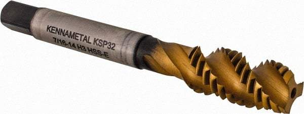Kennametal - 7/16-14 3 Flute Modified Bottoming Spiral Flute Tap - Vanadium High Speed Steel, TiCN/TiN Finish, 3-5/32" OAL, Right Hand Flute, Right Hand Thread, H3, Series GOtap\xAE - USA Tool & Supply
