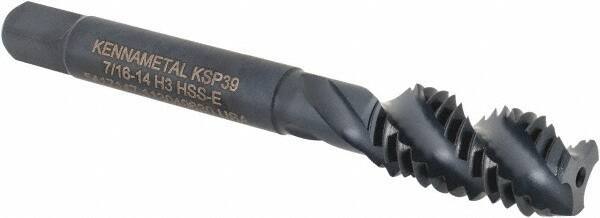 Kennametal - 7/16-14 3 Flute Modified Bottoming Spiral Flute Tap - Vanadium High Speed Steel, Oxide Finish, 3-5/32" OAL, Right Hand Flute, Right Hand Thread, H3, Series GOtap\xAE - USA Tool & Supply