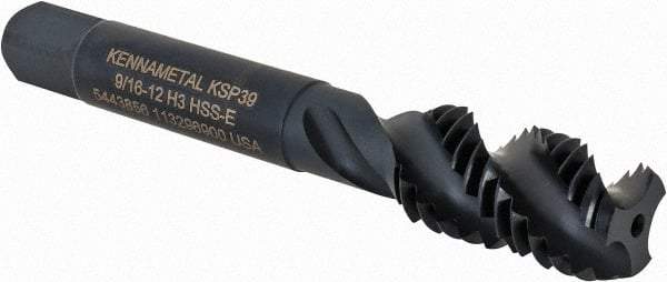 Kennametal - 9/16-12 3 Flute Bottoming Spiral Flute Tap - Vanadium High Speed Steel, Oxide Finish, 3-19/32" OAL, Right Hand Flute, Right Hand Thread, H3, Series GOtap\xAE - USA Tool & Supply