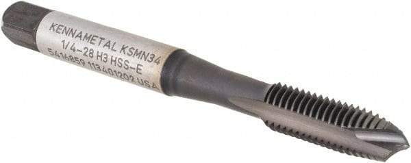Kennametal - 1/4-28, 3 Flute, TiN/CrC/C Finish, Vanadium High Speed Steel Spiral Point Tap - Plug Chamfer, Right Hand Thread, 2-1/2" OAL, 16mm Thread Length, 6.48mm Shank Diam, 3B Class of Fit, Series GOtap - Exact Industrial Supply